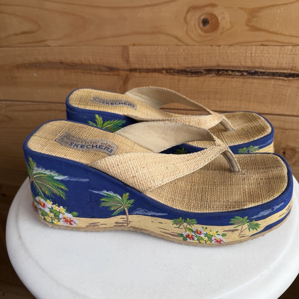 Skechers Somethin Else Wedge Chunky Y2K 90s Raffia Straw Platform Sandals Sz 10